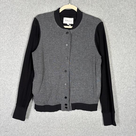 BCBGeneration Jacket Womens Medium Gray Black Varsity Bomber Knit Snap Varsity*‎ - Picture 1 of 11